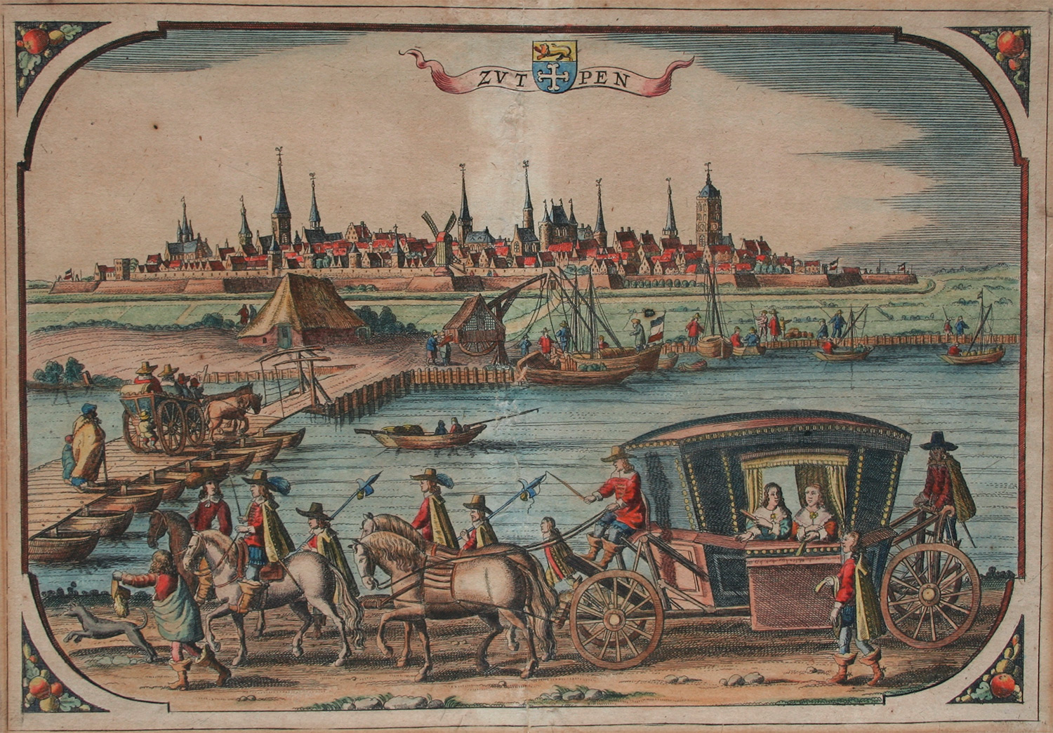 De schipbrug naar Zutphen, ingekleurde gravure door of naar Petrus Kaerius begin 17e eeuw