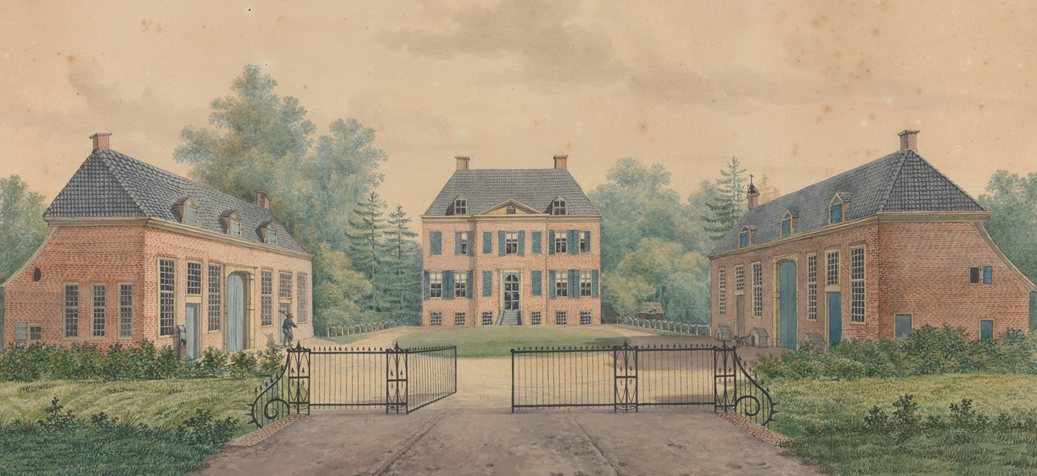 Het Nijenhuis in 1827, potlood en aquarel door H.M. van Eck
